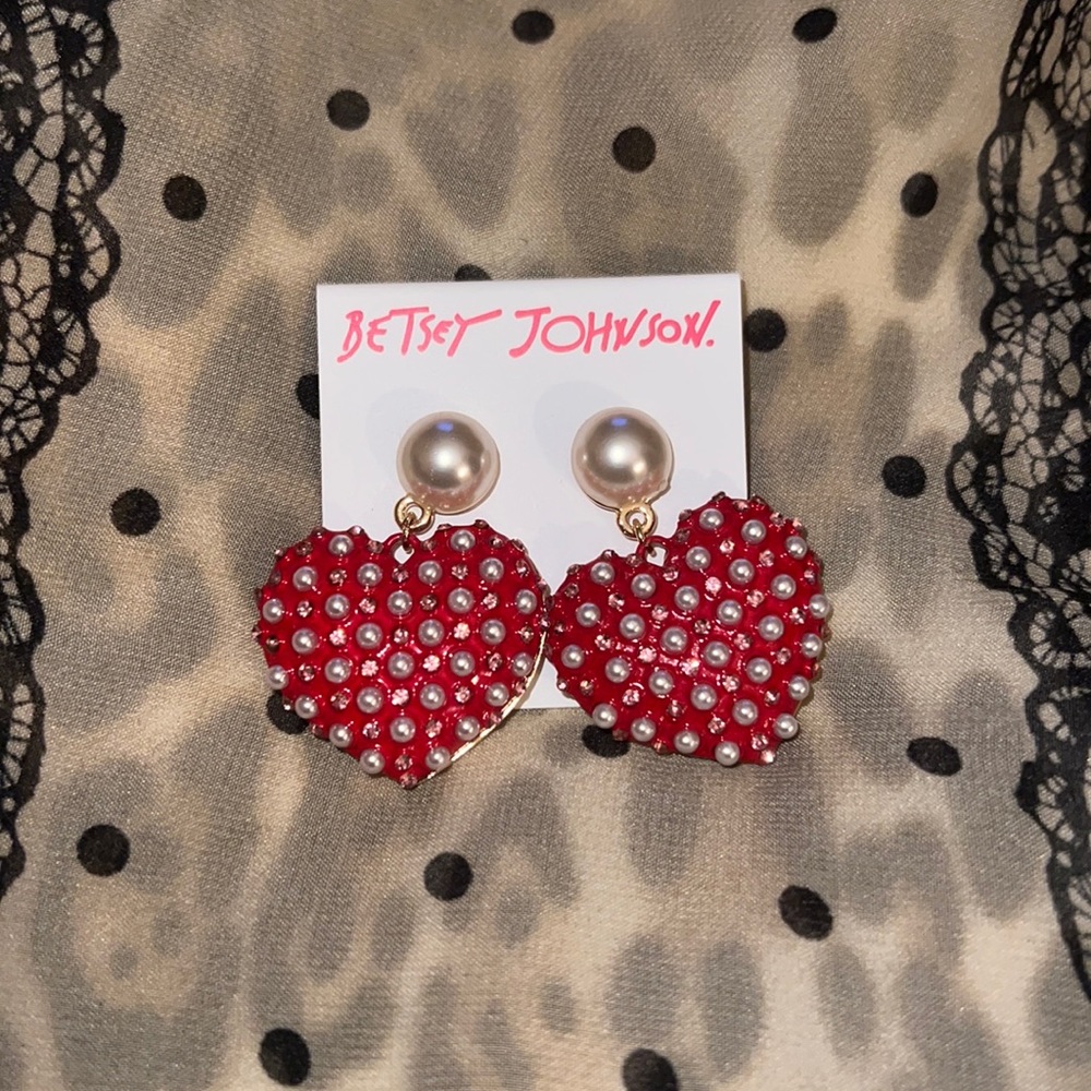 Betsey Johnson Gold Tone Faux Pearl & Red Enamel Heart Drop Earrings